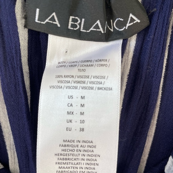 NWT La Blanca, women’s medium, navy white on or off-shoulder romper w/drawstring - Picture 4 of 5